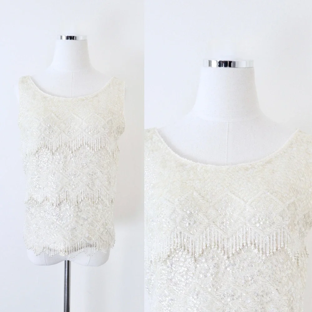 Vintage 1960s Mai Ling Beaded Shell Top Made In Hong Kong Sleeveless Cream - Picture 1 of 12